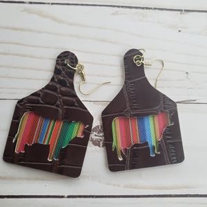 Faux leather serape and cow tag earrings